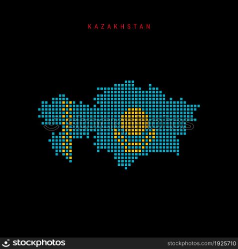 Square dots pattern map of Kazakhstan. Dotted pixel map with national flag colors isolated on black background. Vector illustration.. Square dots pattern map of Kazakhstan. Dotted pixel map with flag colors. Vector illustration