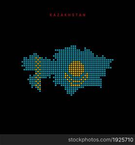 Square dots pattern map of Kazakhstan. Dotted pixel map with national flag colors isolated on black background. Vector illustration.. Square dots pattern map of Kazakhstan. Dotted pixel map with flag colors. Vector illustration