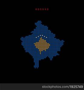 Square dots pattern map of Kosovo. Dotted pixel map with national flag colors isolated on black background. Vector illustration.. Square dots pattern map of Kosovo. Dotted pixel map with flag colors. Vector illustration