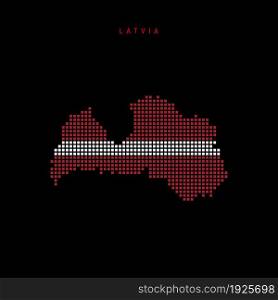 Square dots pattern map of Latvia. Dotted pixel map with national flag colors isolated on black background. Vector illustration.. Square dots pattern map of Latvia. Dotted pixel map with flag colors. Vector illustration