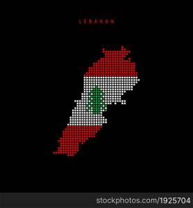 Square dots pattern map of Lebanon. Dotted pixel map with national flag colors isolated on black background. Vector illustration.. Square dots pattern map of Lebanon. Dotted pixel map with flag colors. Vector illustration