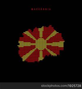 Square dots pattern map of Macedonia. Dotted pixel map with national flag colors isolated on black background. Vector illustration.. Square dots pattern map of Macedonia. Dotted pixel map with flag colors. Vector illustration