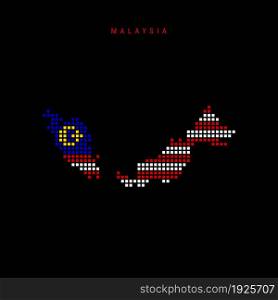 Square dots pattern map of Malaysia. Dotted pixel map with national flag colors isolated on black background. Vector illustration.. Square dots pattern map of Malaysia. Dotted pixel map with flag colors. Vector illustration