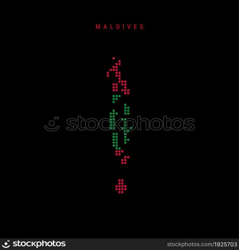 Square dots pattern map of Maldives. Dotted pixel map with national flag colors isolated on black background. Vector illustration.. Square dots pattern map of Maldives. Dotted pixel map with flag colors. Vector illustration