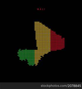 Square dots pattern map of Mali. Malian dotted pixel map with national flag colors isolated on black background. Vector illustration.. Square dots pattern map of Mali. Malian dotted pixel map with flag colors. Vector illustration