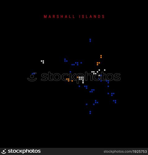 Square dots pattern map of Marshall Islands. Dotted pixel map with national flag colors isolated on black background. Vector illustration.. Square dots pattern map of Marshall Islands. Dotted pixel map with flag colors. Vector illustration
