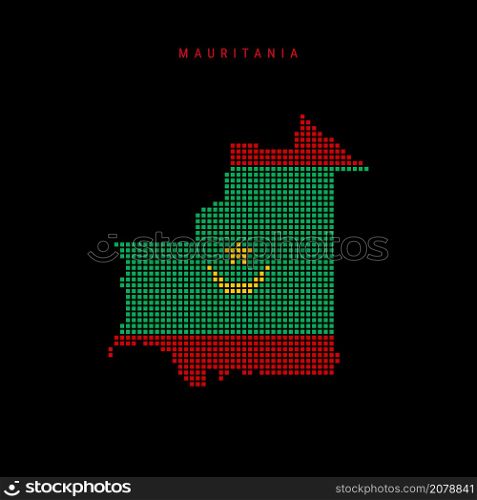 Square dots pattern map of Mauritania. Mauritanian dotted pixel map with national flag colors isolated on black background. Vector illustration.. Square dots pattern map of Mauritania. Mauritanian dotted pixel map with flag colors. Vector illustration