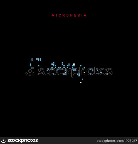 Square dots pattern map of Micronesia. Dotted pixel map with national flag colors isolated on black background. Vector illustration.. Square dots pattern map of Micronesia. Dotted pixel map with flag colors. Vector illustration