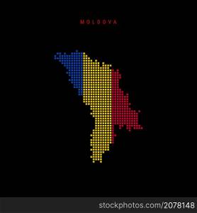 Square dots pattern map of Moldova. Moldavian dotted pixel map with national flag colors isolated on black background. Vector illustration.. Square dots pattern map of Moldova. Moldavian dotted pixel map with flag colors. Vector illustration