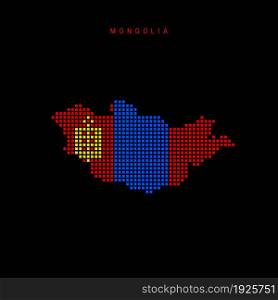 Square dots pattern map of Mongolia. Dotted pixel map with national flag colors isolated on black background. Vector illustration.. Square dots pattern map of Mongolia. Dotted pixel map with flag colors. Vector illustration