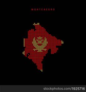 Square dots pattern map of Montenegro. Dotted pixel map with national flag colors isolated on black background. Vector illustration.. Square dots pattern map of Montenegro. Dotted pixel map with flag colors. Vector illustration