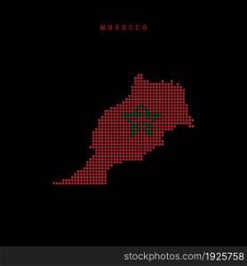 Square dots pattern map of Morocco. Dotted pixel map with national flag colors isolated on black background. Vector illustration.. Square dots pattern map of Morocco. Dotted pixel map with flag colors. Vector illustration