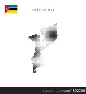 Square dots pattern map of Mozambique. Mozambican dotted pixel map with national flag isolated on white background. Vector illustration.. Square dots pattern map of Mozambique. Mozambican dotted pixel map with flag. Vector illustration