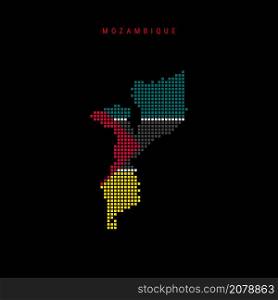 Square dots pattern map of Mozambique. Mozambican dotted pixel map with national flag colors isolated on black background. Vector illustration.. Square dots pattern map of Mozambique. Mozambican dotted pixel map with flag colors. Vector illustration