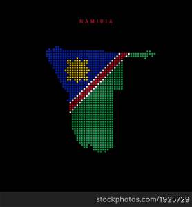 Square dots pattern map of Namibia. Dotted pixel map with national flag colors isolated on black background. Vector illustration.. Square dots pattern map of Namibia. Dotted pixel map with flag colors. Vector illustration