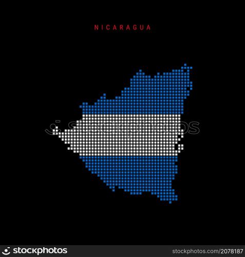 Square dots pattern map of Nicaragua. Nicaraguan dotted pixel map with national flag colors isolated on black background. Vector illustration.. Square dots pattern map of Nicaragua. Nicaraguan dotted pixel map with flag colors. Vector illustration