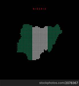 Square dots pattern map of Nigeria. Nigerian dotted pixel map with national flag colors isolated on black background. Vector illustration.. Square dots pattern map of Nigeria. Nigerian dotted pixel map with flag colors. Vector illustration