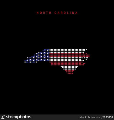 Square dots pattern map of North Carolina. Dotted pixel map with american national flag colors isolated on black background. Vector illustration.. Square dots pattern map of North Carolina. Dotted pixel map with US flag colors. Vector illustration