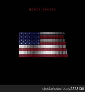 Square dots pattern map of North Dakota. Dotted pixel map with american national flag colors isolated on black background. Vector illustration.. Square dots pattern map of North Dakota. Dotted pixel map with US flag colors. Vector illustration