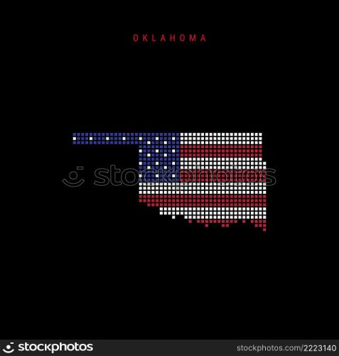 Square dots pattern map of Oklahoma. Dotted pixel map with american national flag colors isolated on black background. Vector illustration.. Square dots pattern map of Oklahoma. Dotted pixel map with US flag colors. Vector illustration