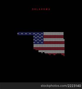 Square dots pattern map of Oklahoma. Dotted pixel map with american national flag colors isolated on black background. Vector illustration.. Square dots pattern map of Oklahoma. Dotted pixel map with US flag colors. Vector illustration