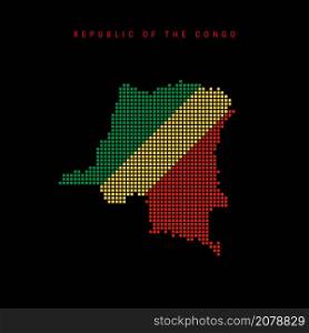 Square dots pattern map of Republic of the Congo. Congolese dotted pixel map with national flag colors isolated on black background. Vector illustration.. Square dots pattern map of Republic of the Congo. Congolese dotted pixel map with flag colors. Vector illustration