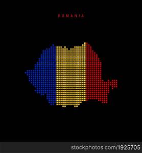 Square dots pattern map of Romania. Dotted pixel map with national flag colors isolated on black background. Vector illustration.. Square dots pattern map of Romania. Dotted pixel map with flag colors. Vector illustration