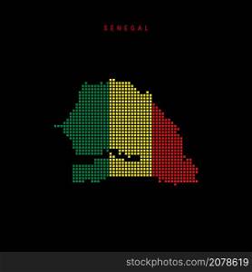 Square dots pattern map of Senegal. Senegalese dotted pixel map with national flag colors isolated on black background. Vector illustration.. Square dots pattern map of Senegal. Senegalese dotted pixel map with flag colors. Vector illustration