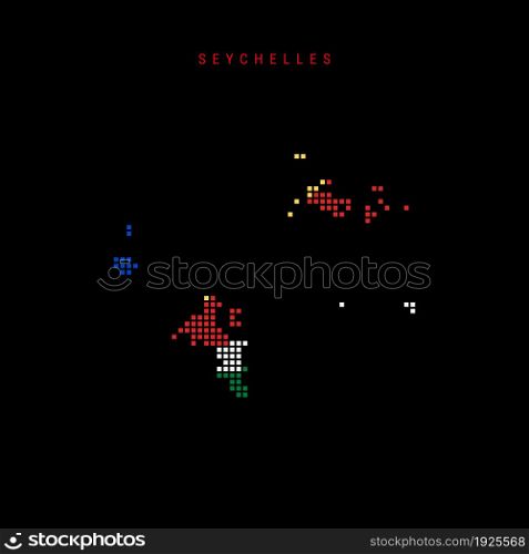 Square dots pattern map of Seychelles. Dotted pixel map with national flag colors isolated on black background. Vector illustration.. Square dots pattern map of Seychelles. Dotted pixel map with flag colors. Vector illustration