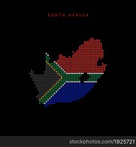 Square dots pattern map of South Africa. Dotted pixel map with national flag colors isolated on black background. Vector illustration.. Square dots pattern map of South Africa. Dotted pixel map with flag colors. Vector illustration