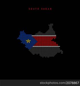 Square dots pattern map of South Sudan. South Sudanese dotted pixel map with national flag colors isolated on black background. Vector illustration.. Square dots pattern map of South Sudan. South Sudanese dotted pixel map with flag colors. Vector illustration