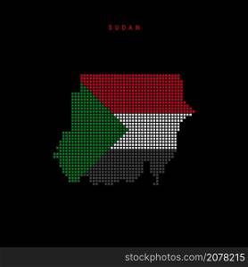 Square dots pattern map of Sudan. Sudanese dotted pixel map with national flag colors isolated on black background. Vector illustration.. Square dots pattern map of Sudan. Sudanese dotted pixel map with flag colors. Vector illustration