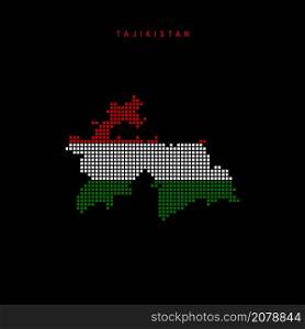 Square dots pattern map of Tajikistan. Tajik dotted pixel map with national flag colors isolated on black background. Vector illustration.. Square dots pattern map of Tajikistan. Tajik dotted pixel map with flag colors. Vector illustration