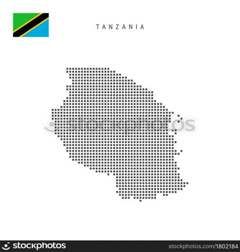 Square dots pattern map of Tanzania. Tanzanian dotted pixel map with national flag isolated on white background. Vector illustration.. Square dots pattern map of Tanzania. Tanzanian dotted pixel map with flag. Vector illustration