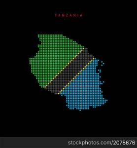 Square dots pattern map of Tanzania. Tanzanian dotted pixel map with national flag colors isolated on black background. Vector illustration.. Square dots pattern map of Tanzania. Tanzanian dotted pixel map with flag colors. Vector illustration