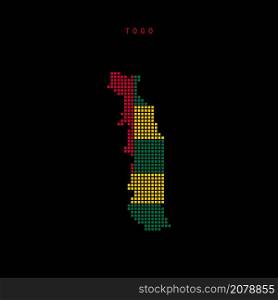 Square dots pattern map of Togo. Togolese Republic dotted pixel map with national flag colors isolated on black background. Vector illustration.. Square dots pattern map of Togo. Togolese Republic dotted pixel map with flag colors. Vector illustration