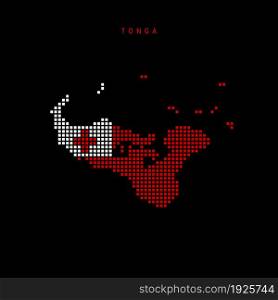 Square dots pattern map of Tonga. Dotted pixel map with national flag colors isolated on black background. Vector illustration.. Square dots pattern map of Tonga. Dotted pixel map with flag colors. Vector illustration