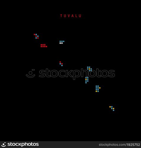 Square dots pattern map of Tuvalu. Dotted pixel map with national flag colors isolated on black background. Vector illustration.. Square dots pattern map of Tuvalu. Dotted pixel map with flag colors. Vector illustration
