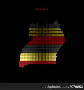 Square dots pattern map of Uganda. Ugandan dotted pixel map with national flag colors isolated on black background. Vector illustration.. Square dots pattern map of Uganda. Ugandan dotted pixel map with flag colors. Vector illustration