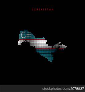 Square dots pattern map of Uzbekistan. Uzbek dotted pixel map with national flag colors isolated on black background. Vector illustration.. Square dots pattern map of Uzbekistan. Uzbek dotted pixel map with flag colors. Vector illustration