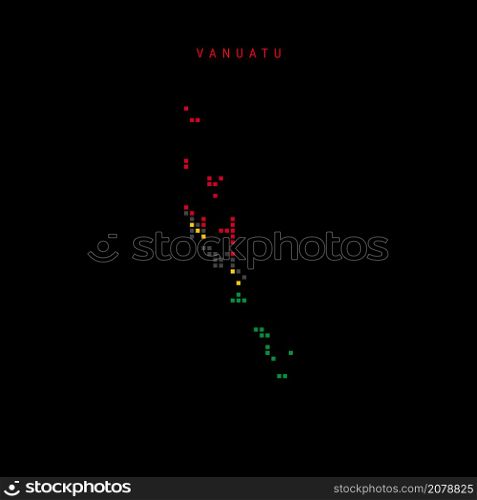 Square dots pattern map of Vanuatu. Vanuatuan dotted pixel map with national flag colors isolated on black background. Vector illustration.. Square dots pattern map of Vanuatu. Vanuatuan dotted pixel map with flag colors. Vector illustration