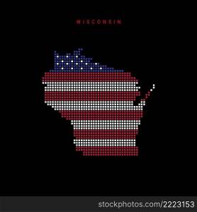 Square dots pattern map of Wisconsin. Dotted pixel map with american national flag colors isolated on black background. Vector illustration.. Square dots pattern map of Wisconsin. Dotted pixel map with US flag colors. Vector illustration