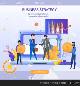 Square Flat Banner Business Strategy. Vector Illustration on White Background. Business Men in Suits Discuss Long Term Goals and Actions Company. Strategic Consulting. Managers Develop Project Plan.