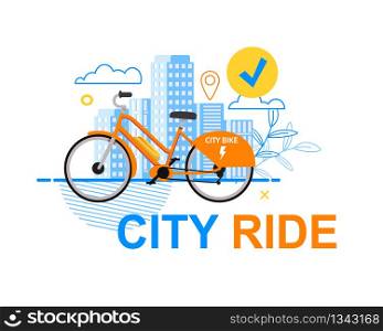 Square Flat Banner City Ride White Background. Vector Illustration Orange Electric Bicycle on Background Urban Buildings. Bicycle Parking for High Speed Urban Tourism. Ecological Transport.