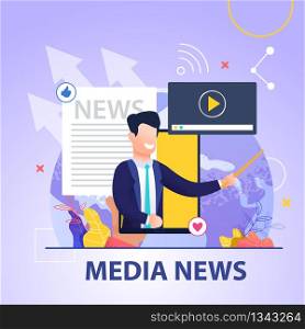 Square Flat Banner Media News on Blue Background. Smiling Man in Business Suit on Background Smartphone Tells Interesting News from around World. Video Player on Tablet to View News.