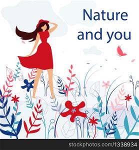 Square Flat Banner Nature and You Happy Tandem. Vector Illustration on White Background. Beautiful Young Woman in Red Flying Dress Holding Red Hat on Head From Wind Standing on Summer Meadow.