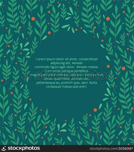 Square flat card with branches, leaves and berries on turquoise background and place for text. Natural vector template for invitation, greeting cards, banners and your creativity.. Square flat card with branches, leaves and berries on turquoise background and place for text. Natural vector template