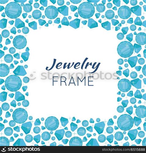Square Frame Made of Diamonds.. Jewelry square frame with space for text. Square frame made of blue shiny diamonds. Blue shiny diamonds on on white background. Diamond decoration. Vector illustration in flat.