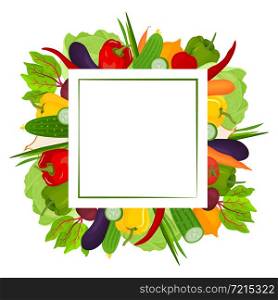 Square frame made of fresh vegetables. An empty space for the text. Postcard. A design element. Vector.