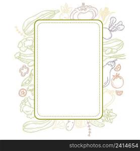 square frame sticker made of linear hand drawn vegetables and root crops .Zucchini and beets, tomatoes and peas, pumpkin and onion, cabbage and eggplant. Vector illustration in vintage style